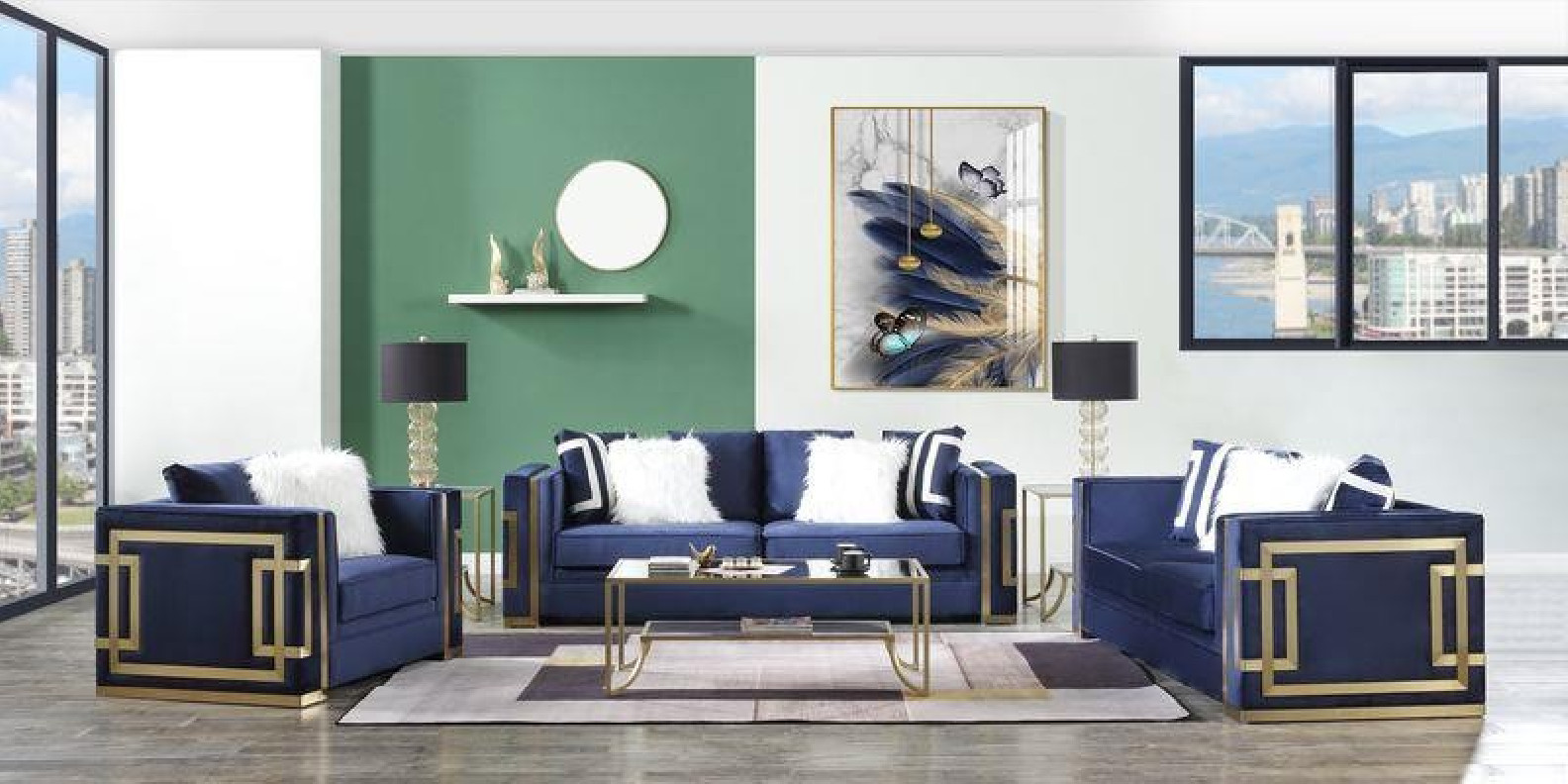 LV00293 Blue Velvet & Gold Finish Living Room Contemporary Acme Furniture Collections