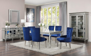 66160 Blue Fabric ,Mirrored & Antique Platinum Finish Dining Set Varian Collection By Acme Furniture