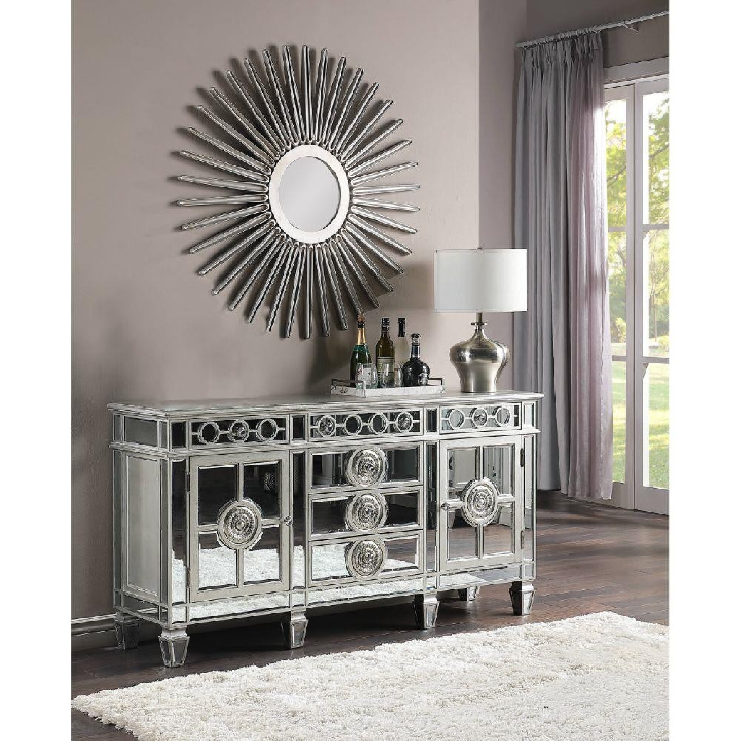 66160 Blue Fabric ,Mirrored & Antique Platinum Finish Dining Set Varian Collection By Acme Furniture
