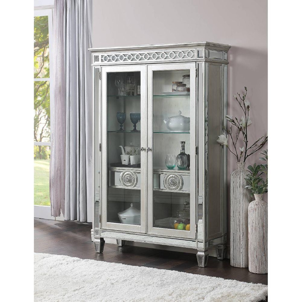 66160 Blue Fabric ,Mirrored & Antique Platinum Finish Dining Set Varian Collection By Acme Furniture