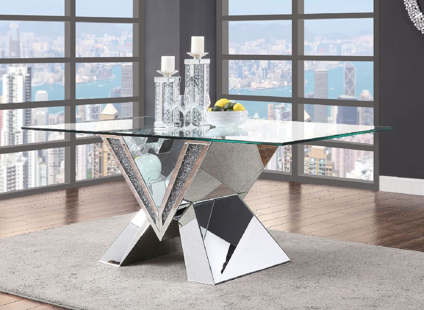 71280 / 62072 Mirrored Faux Diamonds & Clear Glass Dining Set Noralie Collection By Acme Furniture