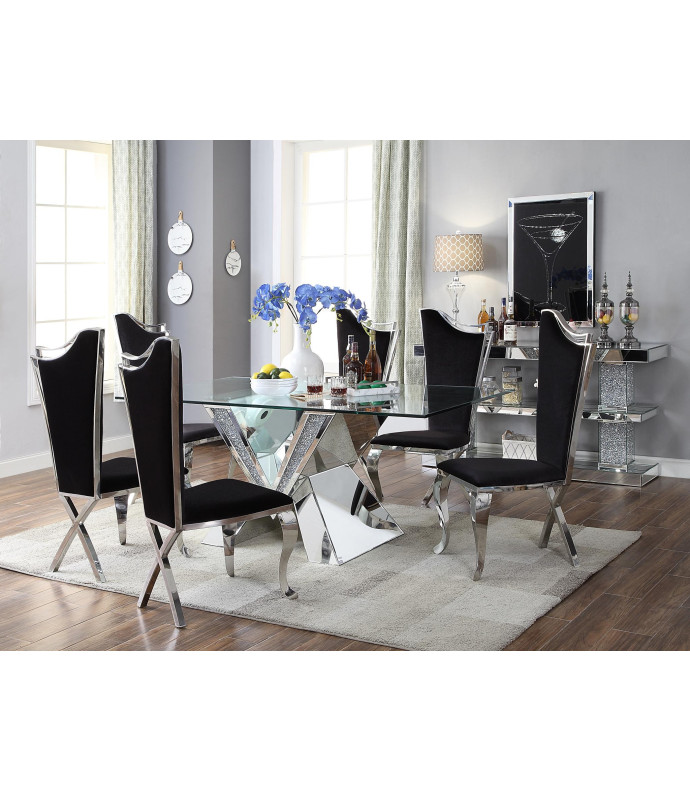 71280 7PC Mirrored Faux Diamonds & Glass Dining Set Noralie Collection By Acme Furniture