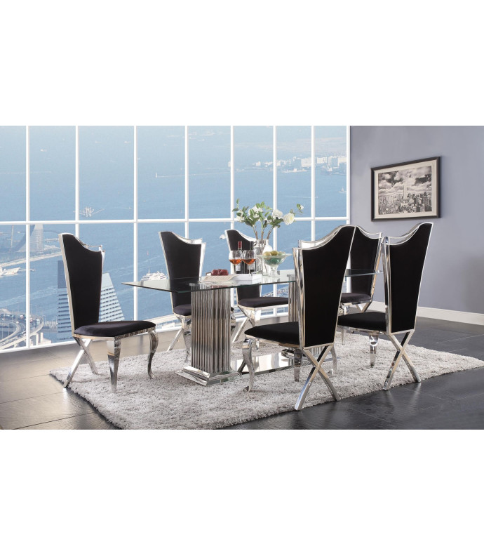 62075 Stainless Steel & Black Glass Dining Set Contemporary Style By Acme Furniture