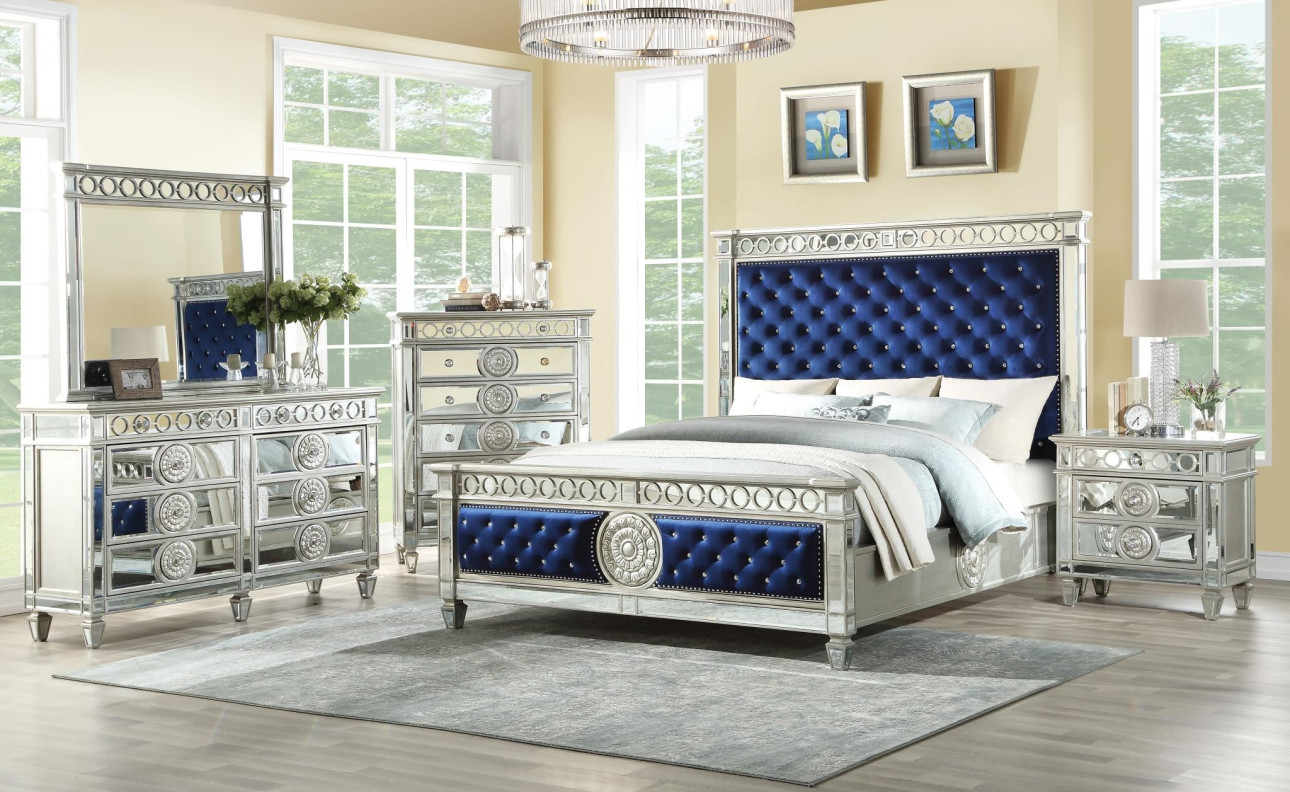 26150 Blue Velvet & Mirrored Bed Varian Contemporary Collection by Acme Furniture