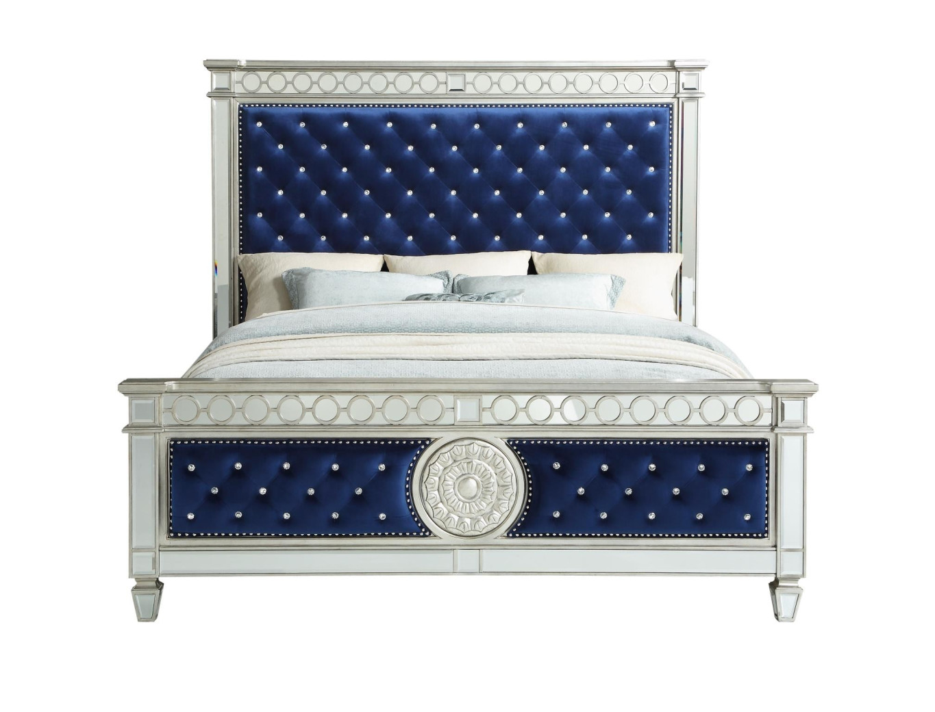 26150 Blue Velvet & Mirrored Bed Varian Contemporary Collection by Acme Furniture