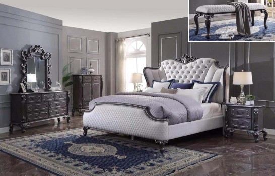 28830 Two Tone Ivory Fabric & Charcoal Finish Bed Contemporary Style By Acme Furniture