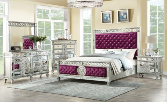 27370  Burgundy Velvet & Mirrored Bed Varian Contemporary Collection By Acme