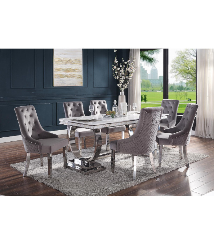 68250 7PC Dining Set Gray Fabric, White Printed Faux Marble & Mirrored Silver Finish Contemporary Style By Acme Furniture