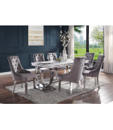 68250 7PC Dining Set Gray Fabric, White Printed Faux Marble & Mirrored Silver Finish Contemporary Style By Acme Furniture