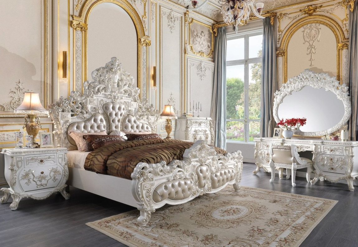 BD 00671 Lavish Classic Beige PU & Antique White Finish Bedroom Vanaheim Collection  By Acme Furniture