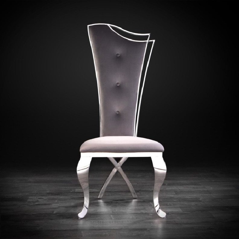 Belladonna Dining Chair stainless steel Gray  gray velvet faux leather upholstery.
