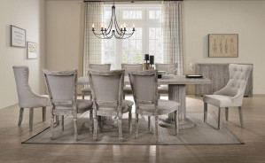 60170 Double Pedestal Dining Table Fabric & Reclaimed Gray Finish By Acme Furniture