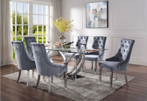 68260 / 68264 Finley Gray Fabric, Glass Mirrored Silver Finish 7 Pc Dining Set by Acme Furniture
