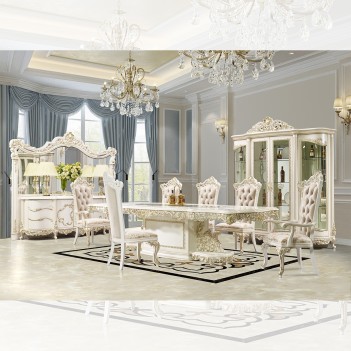 HD 959 Dining Set Long Table Homey Design European & Classic Design Gold & Antique white Finish