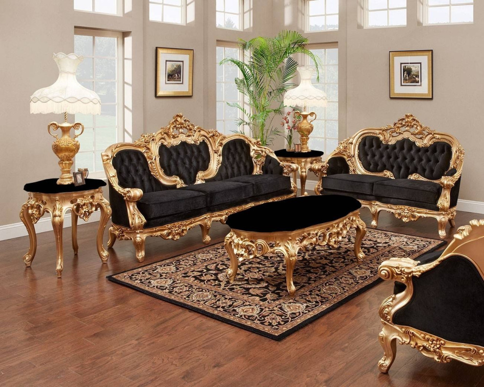 638A Italian Velvet Sofa & Loveseat French Provincial Style with Black Marble Top Tables By Polrey International Furnishing