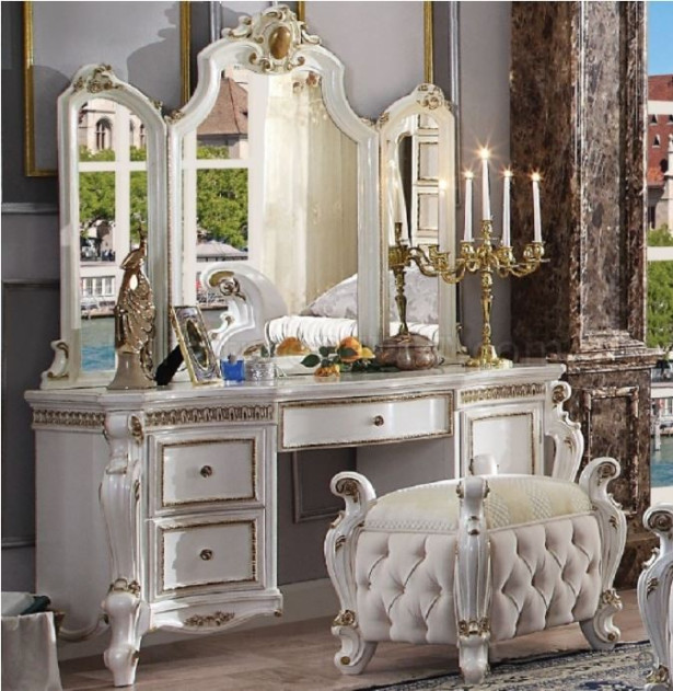 27884 Vanity & Mirror Victorian Style Antique Pearl Finish Picardy Collection by Acme Furniture