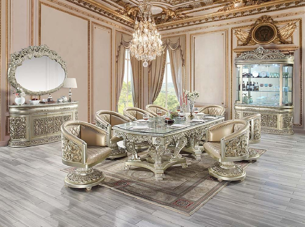 DN01208 7PC Dining Set & 6 Arm Chairs Antique Gold Finish Sorina Collection By Acme Furniture