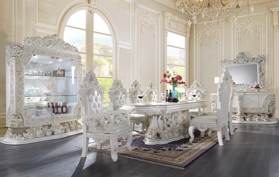 DN01229 White PU & Antique White Finish Dining Set Adara Collection By Acme Furniture