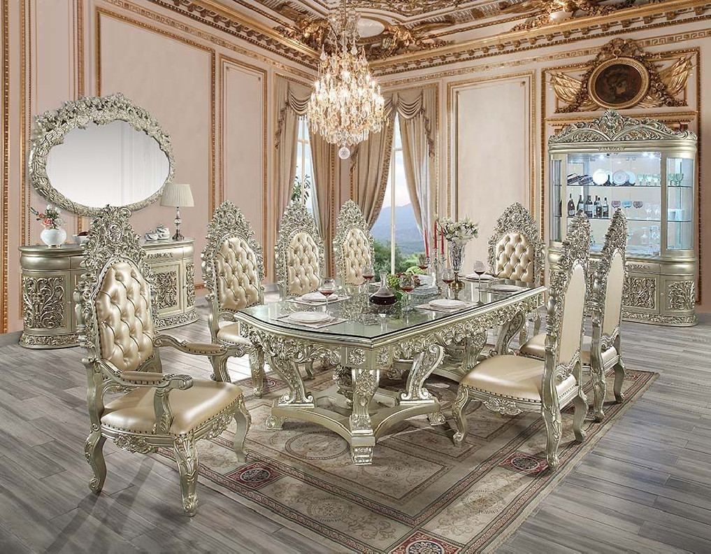 DN 01208 Lavish Classic PU & Antique Gold Finish Dining Set Sorina Collection By Acme Furniture