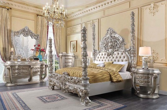 BD 01234 Lavish Classic EK PU Champagne & Gold Finish Poster Bed Danae Collection By Acme Furniture