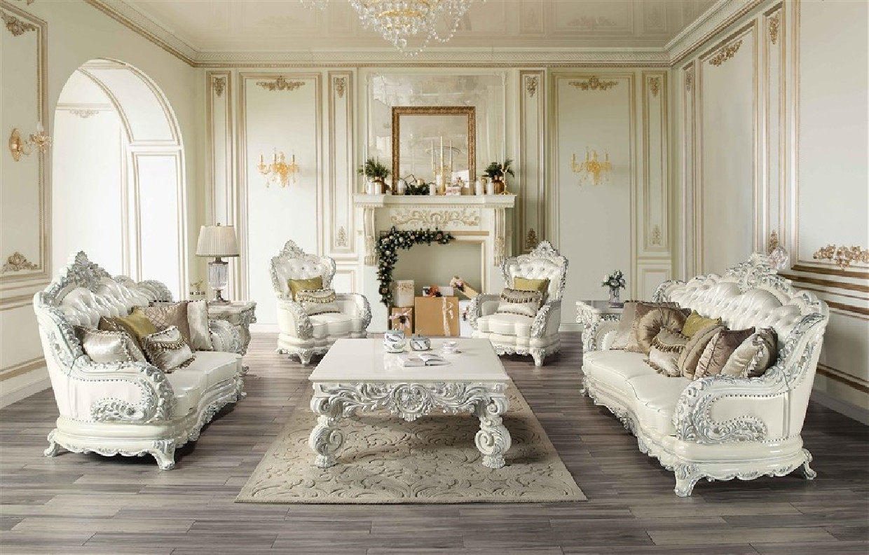 LV01224 White PU & Antique White Finish 2PC Sofa & Loveseat Adara Collection By Acme Furniture
