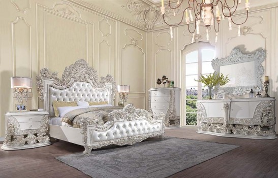 BD01248 White PU & Antique White Finish Bedroom Adara Collection By Acme Furniture