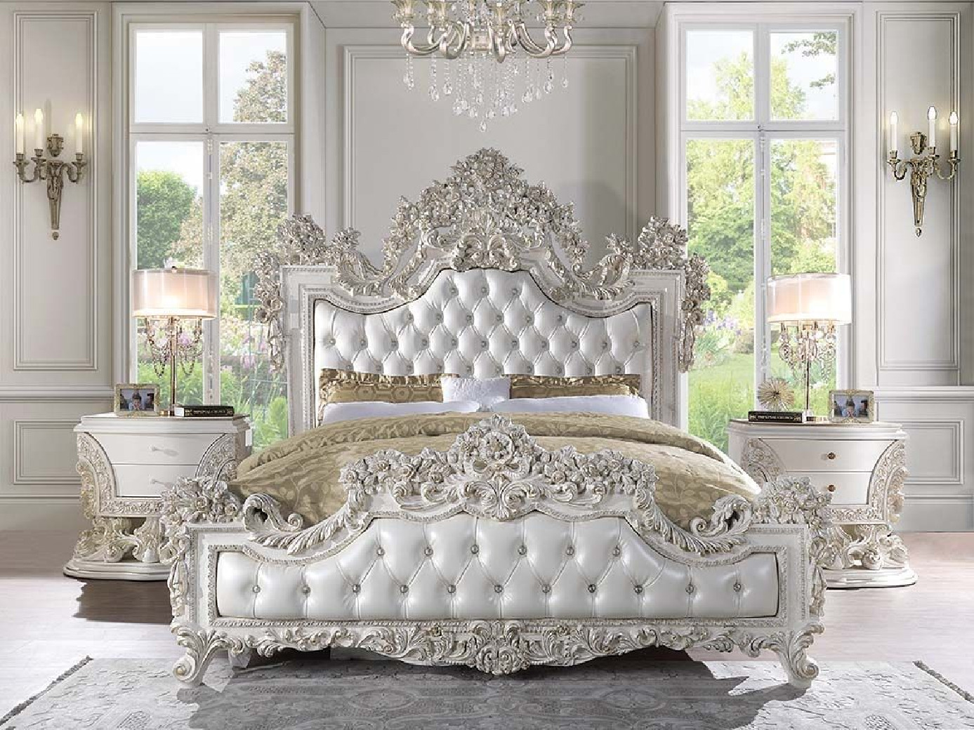 BD01248 White PU & Antique White Finish Bedroom Adara Collection By Acme Furniture
