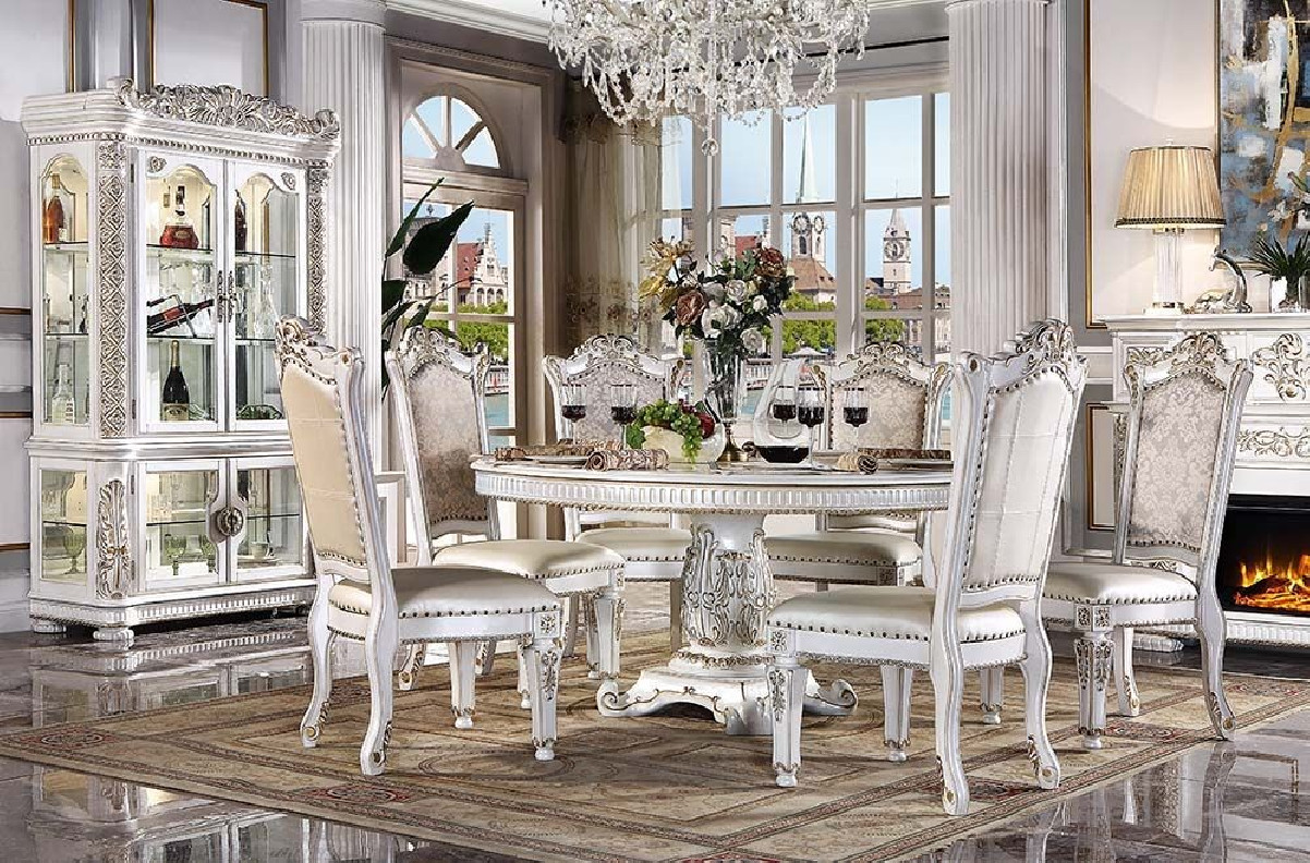DN01222 5 PC Pedestal Dining Round Table Antique Pearl Vendome II Collection