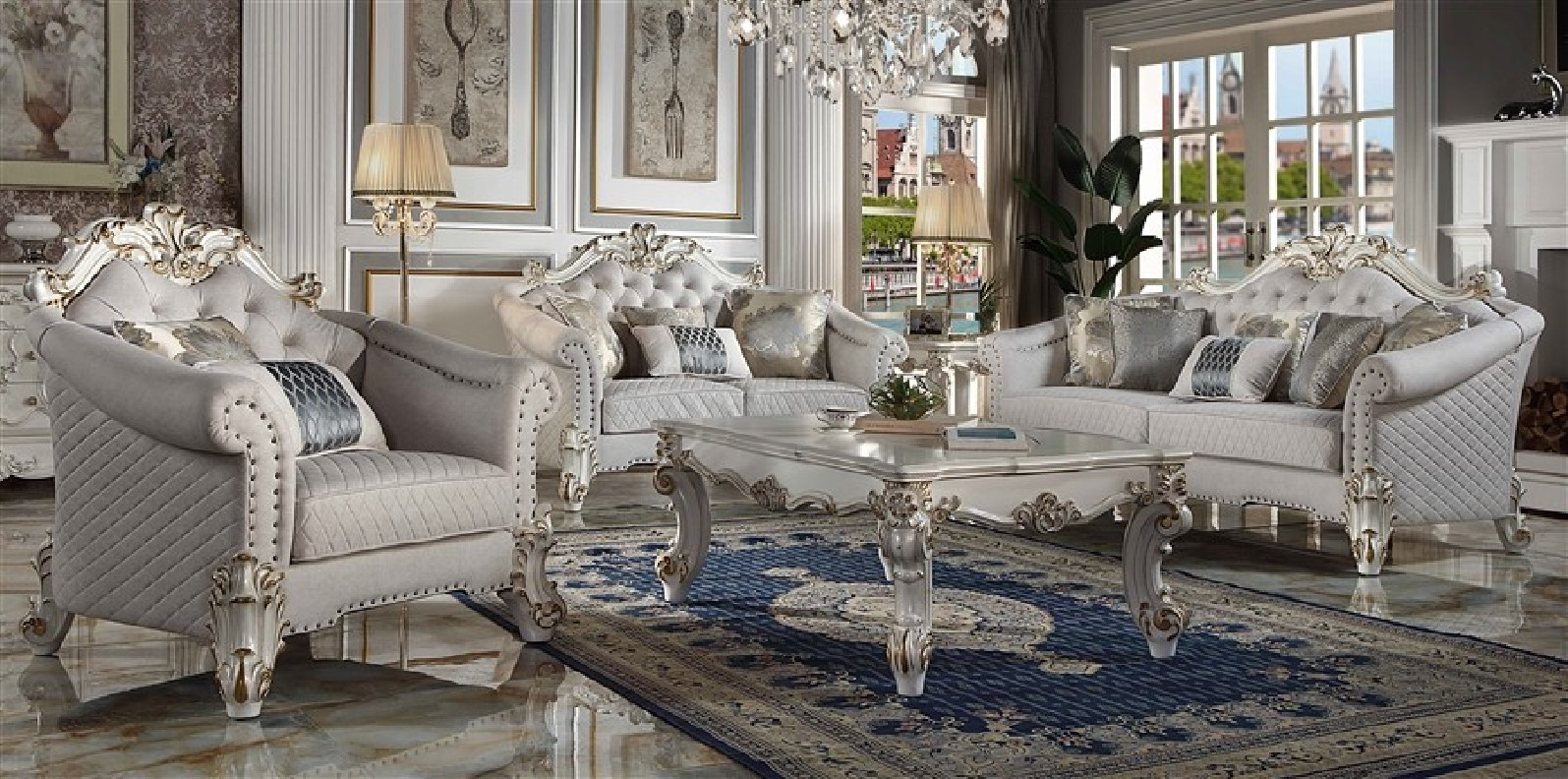 LV01329 Vendome II 2 Piece Sofa & Loveseat in Two Tone Ivory Fabric & Antique Pearl Finish by Acme Furniture