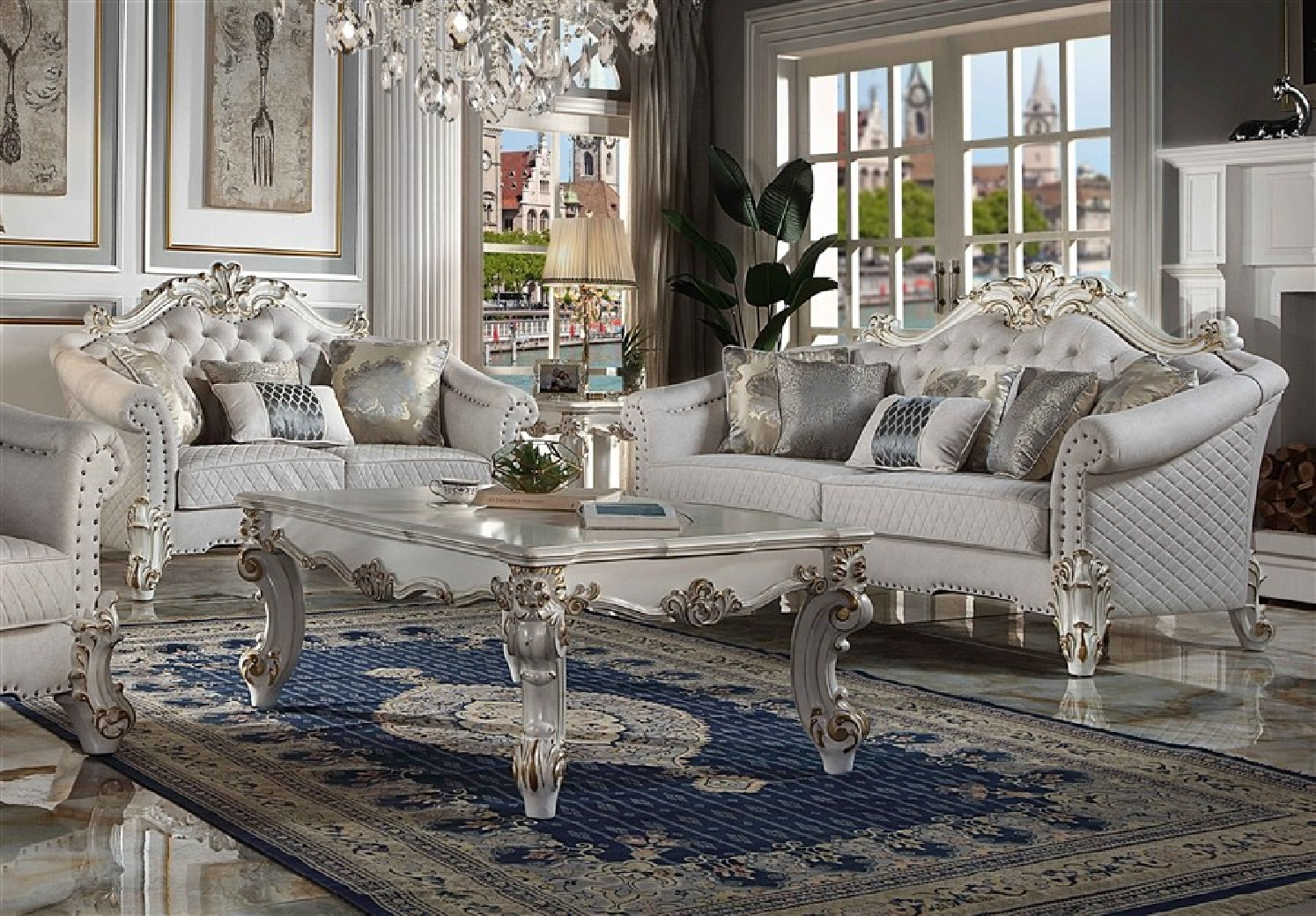 LV01329 Vendome II 2 Piece Sofa & Loveseat in Two Tone Ivory Fabric & Antique Pearl Finish by Acme Furniture