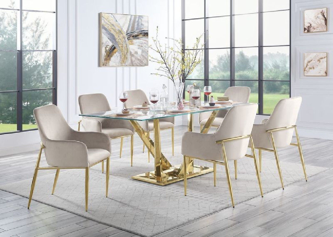 DN00219 Clear Glass Top Gray Velvet & Gold Finish Barnard Collection by Acme Furniture