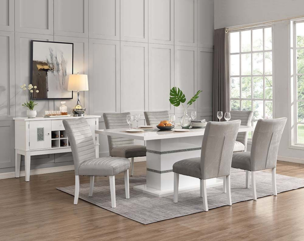 DN00814 Gray Velvet & High Gloss White Finish Elizaveta Dining set  by Acme Furniture