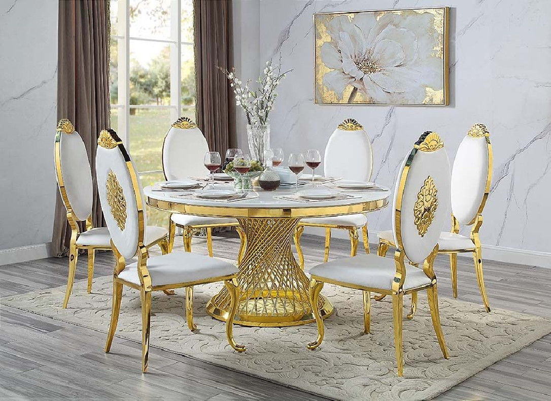 Faux Marble Top & Gold Finish 7Pc Dining Set Fallon Collection by Acme Furniture