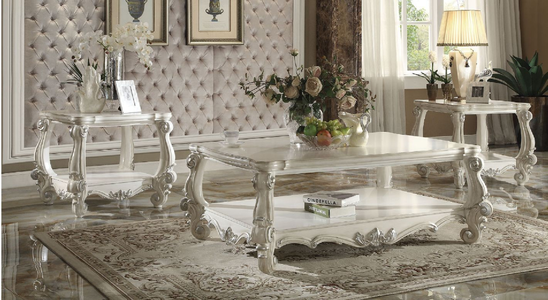 LV01394 2Pc Sofa & Loveseat Ivory Fabric & Bone white Versailles Collection by Acme Furniture