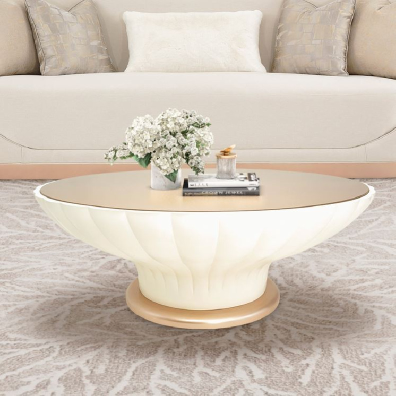 Round Scalloped Cocktail Table W/Glass La Rachelle Collection By Michael Amini