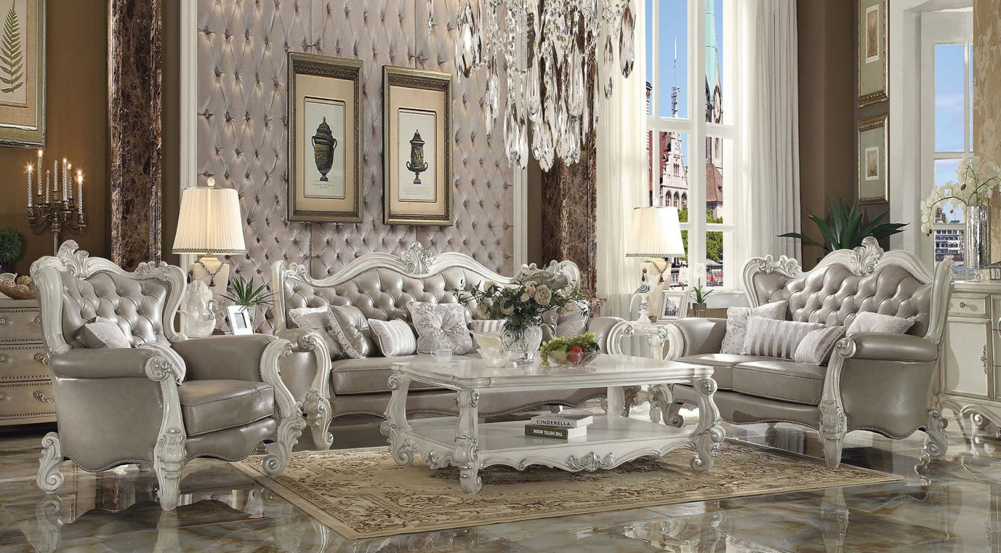 52125 2PC Sofa & Loveseat Versailles Vintage Gray Pu & Bone white Finish Versailles By Acme