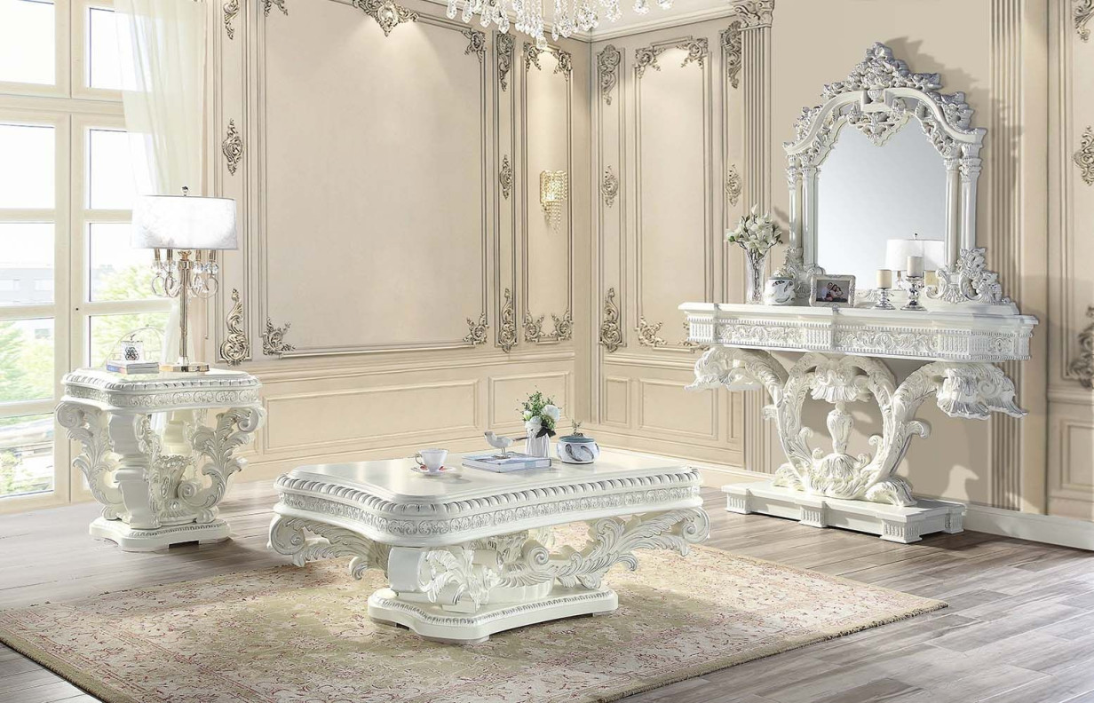 LV00800 Antique White Finish Coffee Table Vanaheim Collection By Acme Furniture