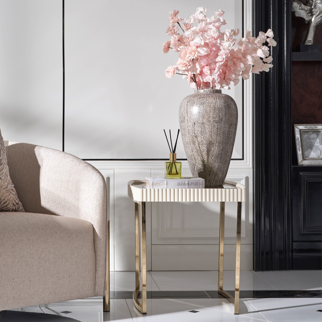 LFR-LSBN202-140 End Table Silken Matte Cream Lisbon Opal Gold Collection By Michael Amini