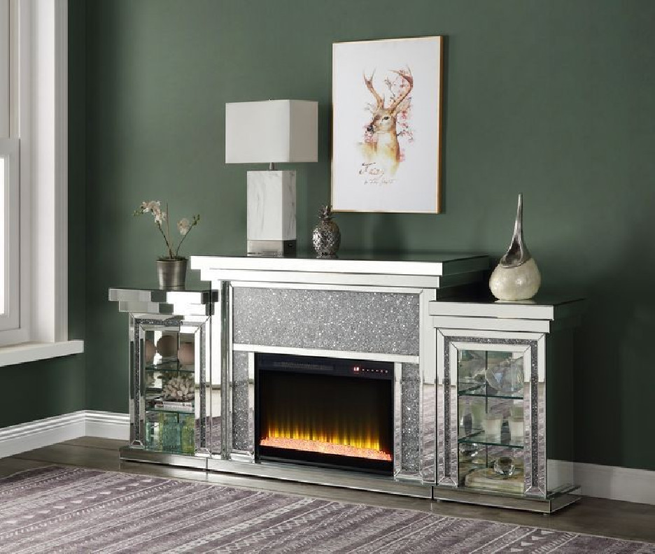 AC00524 Noralie Collection Mirrored & Faux Diamonds. LED Fireplace By Acme Furniture