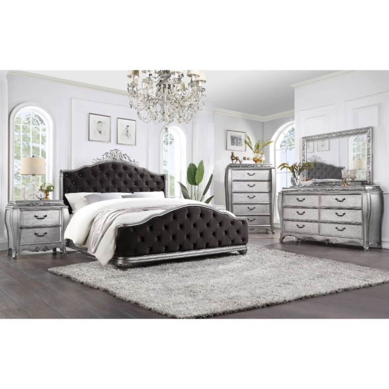 22140Q Fabric & Vintage Platinum Finish Bed Leonora Collection By Acme Furniture