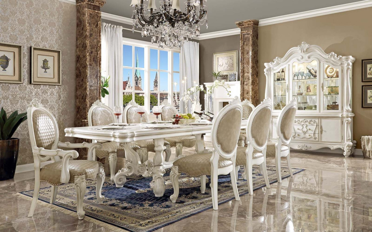 61130 7PC PU & Bone White Finish Dining Set Versailles Collection By Acme Furnitiure