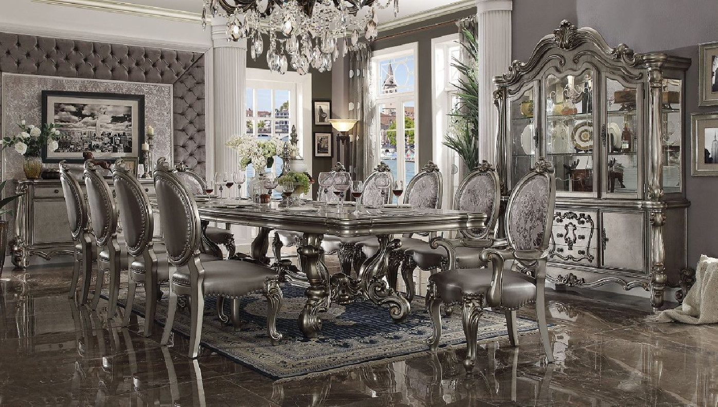 66820 7PC Dining Set Versailles Silver Antique Platinum Collection By Acme Furniture