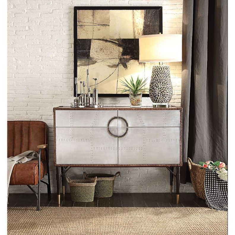 90030 Urban Industrial Chic Top Grain Leather & Aluminum Console Table Brancaster Collection By Acme Furniture
