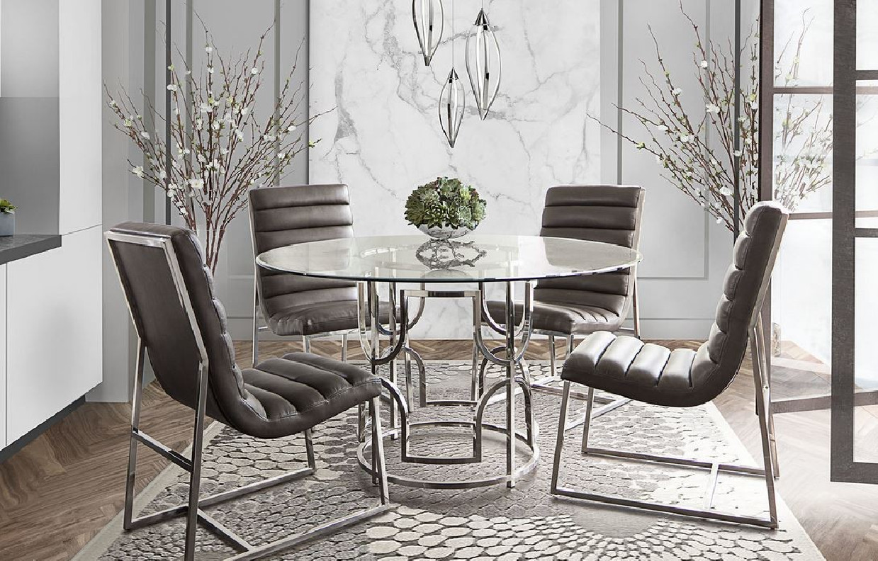 5PC Avalon Dining Set Clear tempered glass Stain less steel / Bardot Grey Chairs By Diamond Sofa