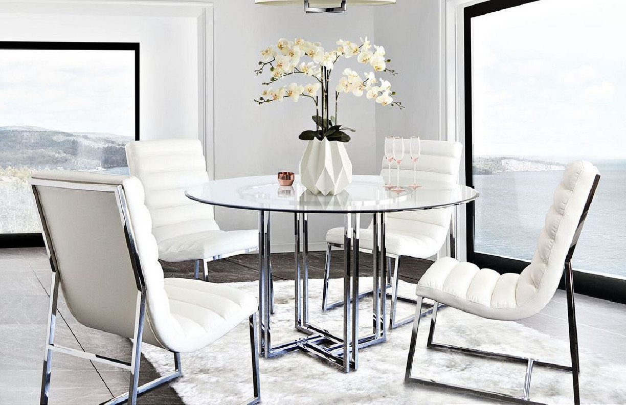 5PC Deko Dining Set Clear tempered glass Stain less steel / Bardot White Chairs By Diamond Sofa