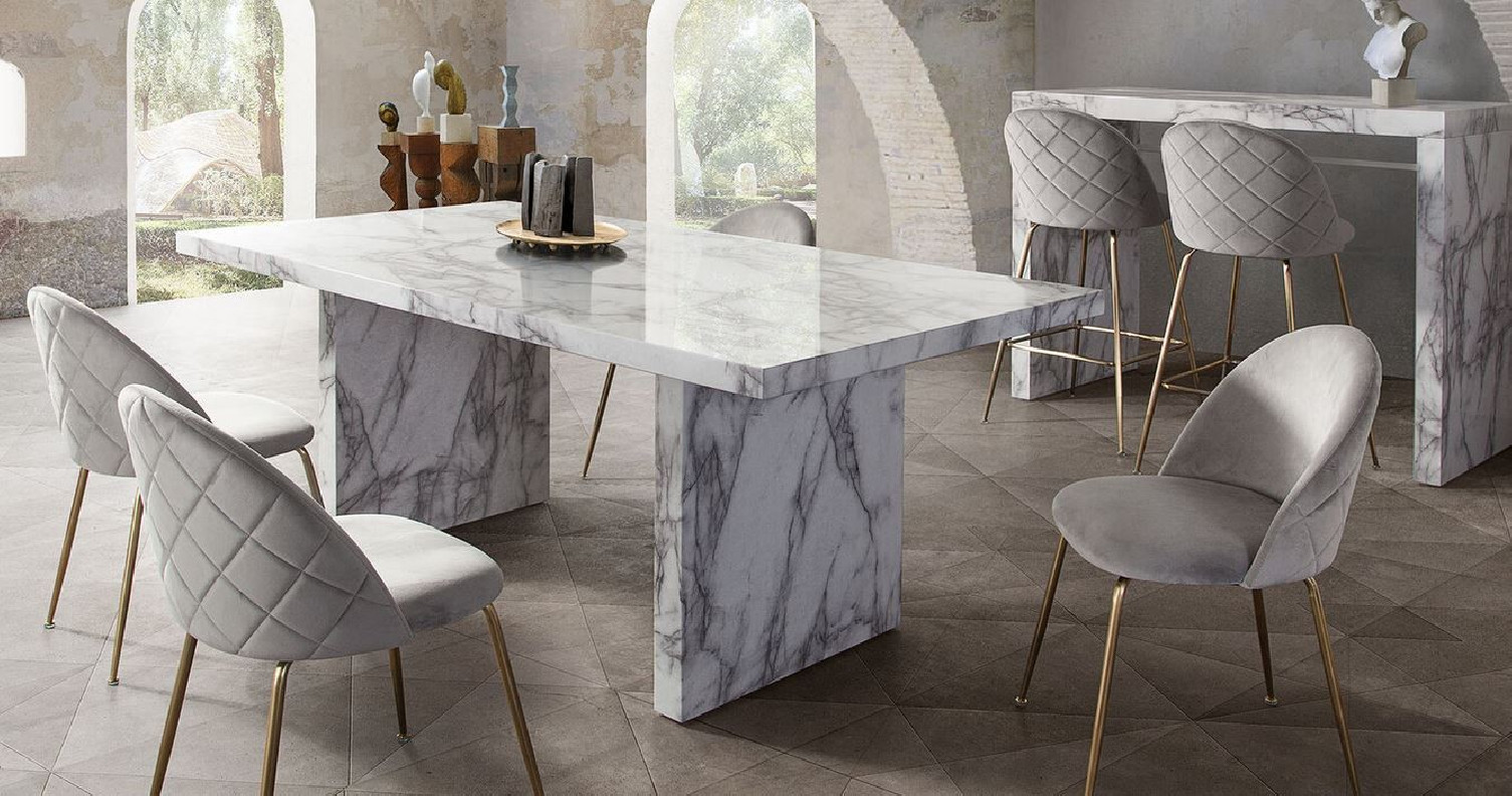 5PC Icon Dining Set Faux Marble & Grey Velvet Lilly ChairsBy Diamond Sofa