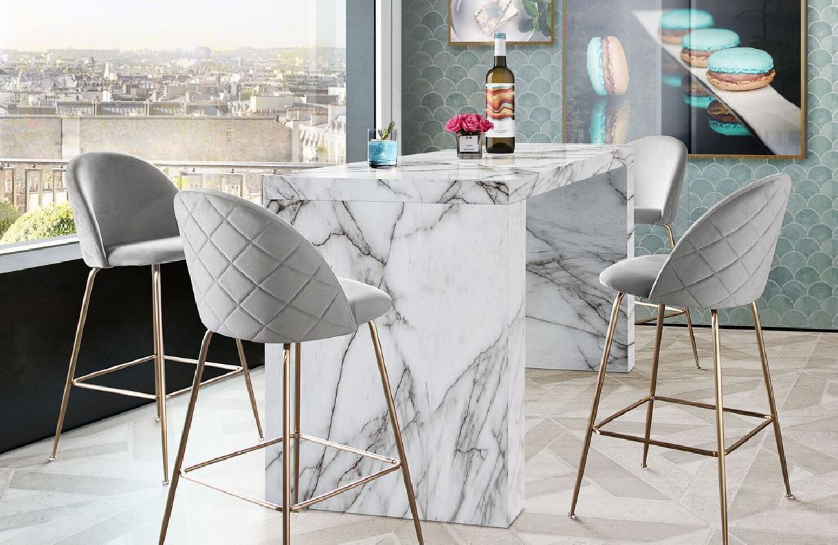 5PC Icon Bar Table Set Faux Marble & Grey Velvet Counter Chairs By Diamond Sofa