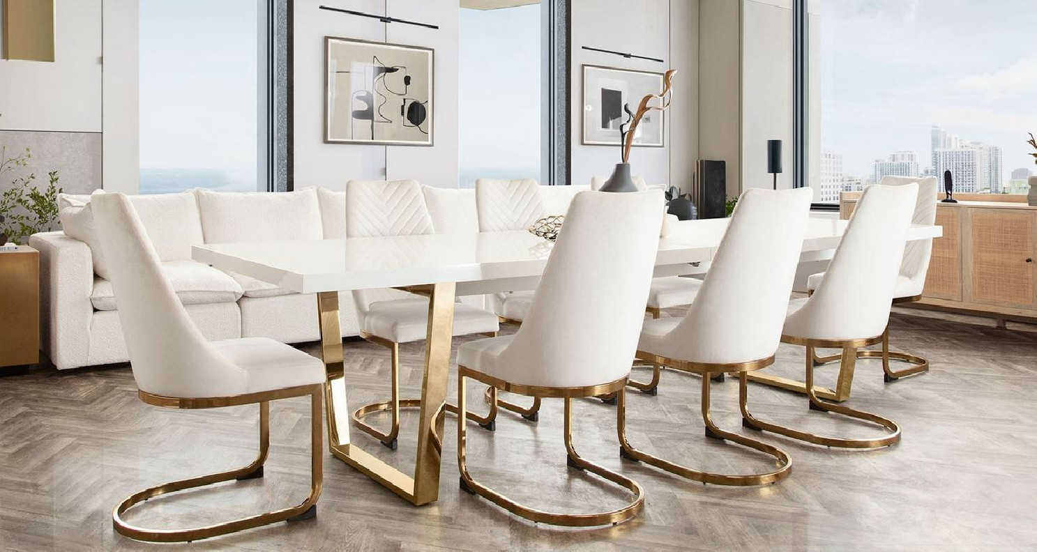 7PC Mirage White / Polish Gold Frame Dining Table & Cream Vogue Chairs By Diamond Sofa