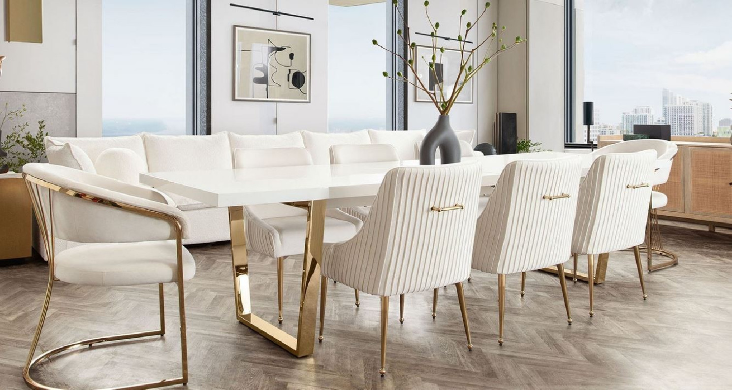 7PC Mirage White Top & Gold Frame Dining Table 120" / Cream Quinn Velvet Chairs Dining By Diamond Sofa