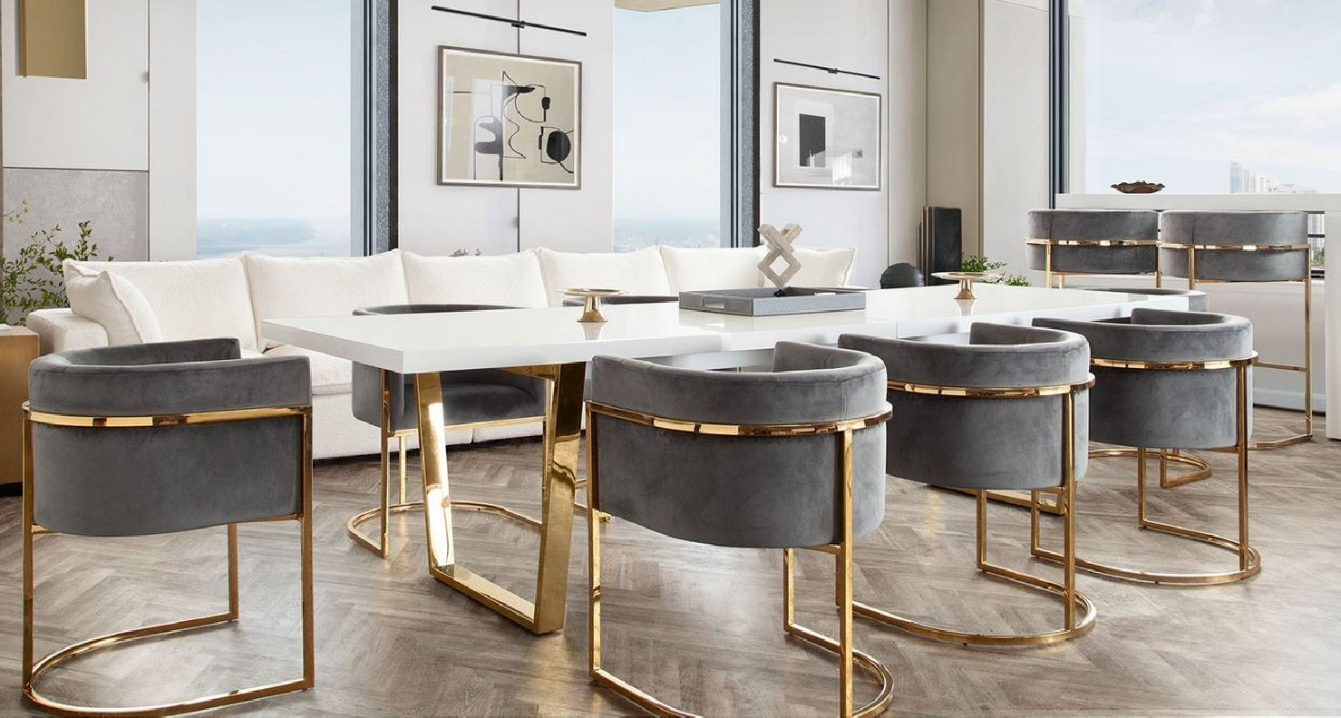 7PC Mirage White & Gold Dining Table 80" / Pandora Grey Velvet Chairs Dining By Diamond Sofa